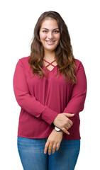 Beautiful plus size young woman over isolated background happy face smiling with crossed arms looking at the camera. Positive person.