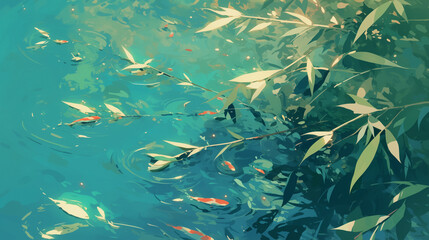 Serene Beauty of Bamboo Leaves Floating on Water Surface - 水面に浮かぶ笹の静謐な美しさ