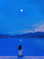Serene Night: Tranquil Sea under Moonlight -月明かりの下の静かな海