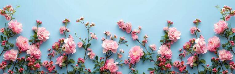 Pastel Floral Border: Beautiful Pink Spring Flowers on Blue Table Top in Flat Lay Style