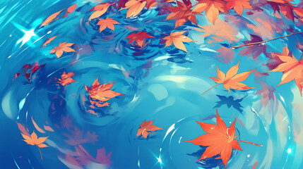 Serene Maple Leaves Floating in Crystal Clear Water - Zen Nature Scene with Autumn Foliage Making Ripples on Pond Surface - 
透き通った水に浮かぶ穏やかなカエデの葉 - 池の水面に波紋を作る紅葉