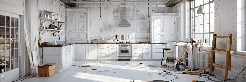 Aufkleber modern kitchen being renovated with new white cabinets and a countertop in progress. tools and mater