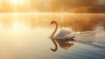 Fototapeta premium A graceful swan gliding smoothly across a calm lake at sunrise, with the soft morning light reflecting on the water