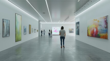 Modern art gallery exhibiting abstract paintings with people viewing