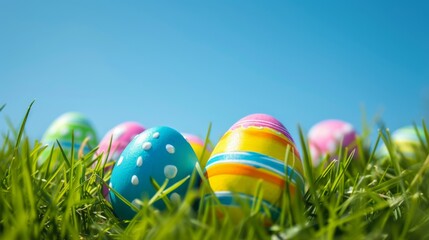 Brightly decorated Easter eggs scattered among fresh green grass with a clear blue sky in the background