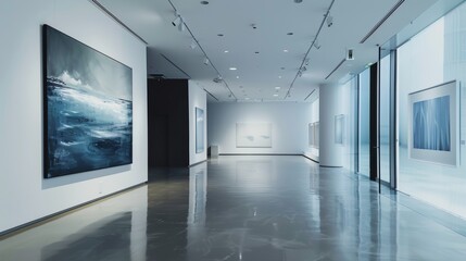 Modern art gallery interior with abstract paintings on display