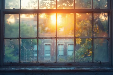 Golden Sunset Through a Worn Window Pane