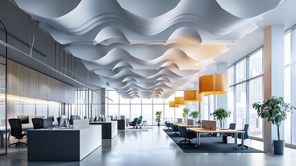 contemporary office space with a suspended ceiling design that mimics a cloud