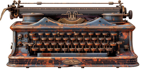 Vintage rusty typewriter isolated on black background.