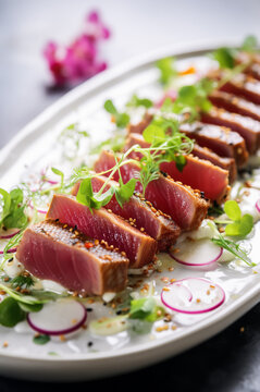 Close-up of a gourmet tuna tataki garnished with fresh microgreens, sliced radishes, and sesame seeds on a white ceramic plate. Vertical, side view.