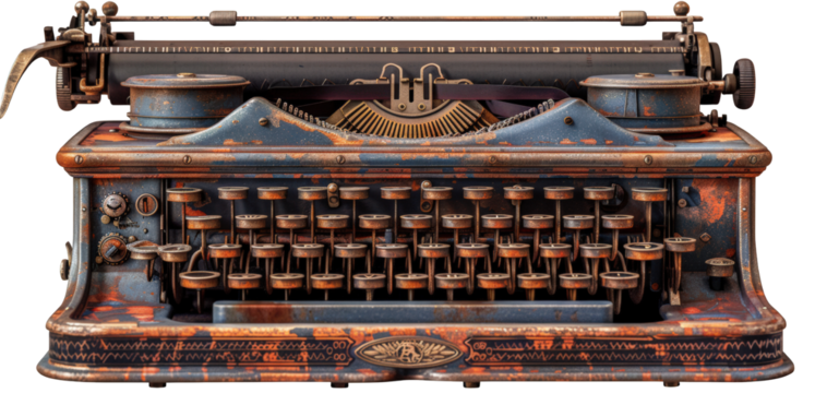 Vintage rusty typewriter isolated on black background.