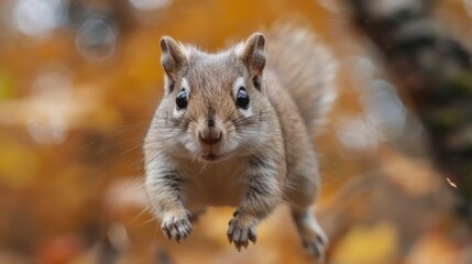 Obraz premium Curious Squirrel Leaping Through Autumn Leaves