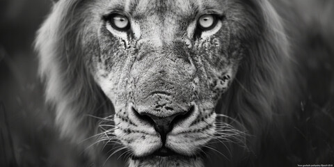 Obraz premium Close-up black and white photo of lion's face