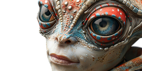 Fototapeta premium A close-up of an alien with large, intricate eyes and colorful, textured skin. Ideal for sci-fi and fantasy themes.