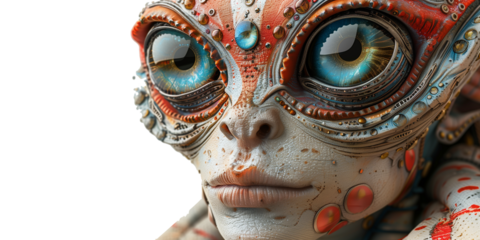A close-up of an alien with large, intricate eyes and colorful, textured skin. Ideal for sci-fi and fantasy themes.
