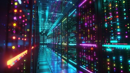 Modern data center interior with colorful lights and reflective floor