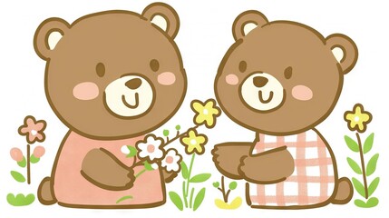 Fototapeta premium A pair of brown teddies resting on a field of flowers and daisies