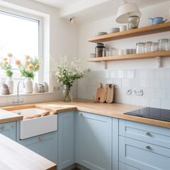 very clean and bright kitchen with light blue cabinet and wooden top as country modern style decor 