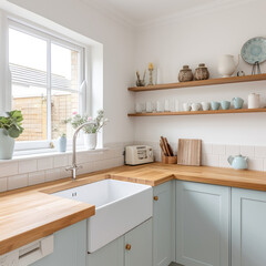 very clean and bright kitchen with light blue cabinet and wooden top as country modern style decor 