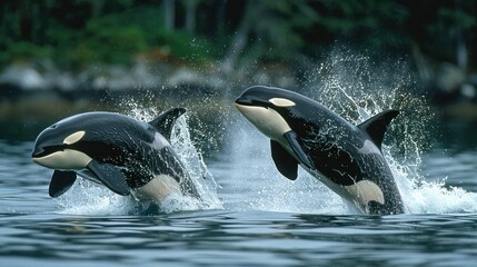 Obraz premium Two Orcas Leap From the Water, Creating Splashes
