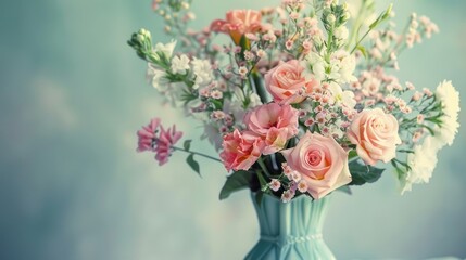 Fototapeta premium Delicate Bouquet of Pink Roses and White Flowers