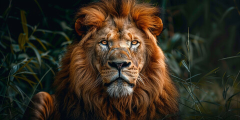 Naklejka premium A majestic lion with its head raised, sitting in the lush green grass of an African savannah