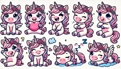 Cute cartoon unicorn stickers with various expressions and poses, perfect for children’s products, educational materials, merchandise, stationery, and playful designs