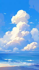 Serene Blue Sky Over Calm Sea with Fluffy Clouds - Tranquil Seascape Landscape - ふわふわの雲と穏やかな海の穏やかな青い空 - 静かな海の風景