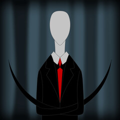 Slender man, internet meme, creepypasta. Evil tall creepy monster like unknown man with blank face in the forest. Long scary arms tentacles. Official suit on mannequin. Scary creature on Halloween