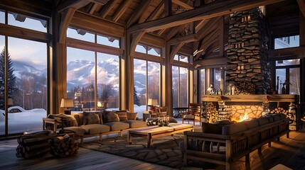 cozy mountain lodge living room with a stone hearth, rustic wooden furniture, and large windows overlooking a snow-covered landscape