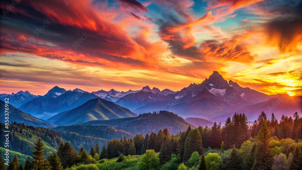 Wall mural vibrant sunset over the majestic mountains, sunset, mountains, colorful, vibrant, sky, clouds, majes - Wall murals