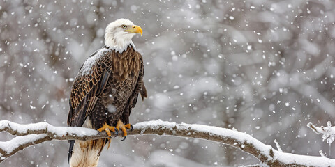 A bald eagle perched on the branch of an old tree amid heavy snowfall