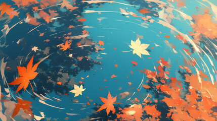 Serene Autumn Leaves Floating on Cool Water Background - 冷たい水の背景に浮かぶ穏やかな紅葉