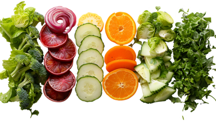 Different types of cut vegetables in a line on a transparent background