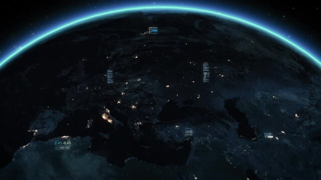 Animation of Planet Earth with City Lights and Holographic Financial Elements Displaying. Huge Outage Europe Union. Power Outage Turning Lights Off. International Earth Event. Blackout in EU. 
