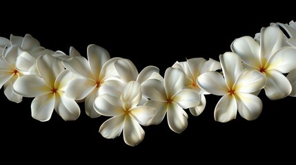 fragrant hawaiian lei garland of white plumeria flowers isolated on black background digital painting