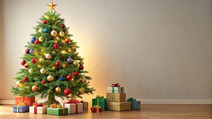 Festively decorated Christmas tree with colorful gifts underneath, Christmas, tree, holiday, festive, decorations, gifts