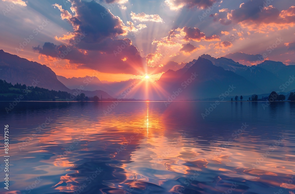 Wall mural beautiful sunset over the lake with mountains in background. the sky is full of clouds and you can s