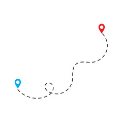 Route icon - two points with dotted path and location pin. Route location icon two pin sign and dotted line. Travel vector icon. Travel from start point and dotted line tracing. 