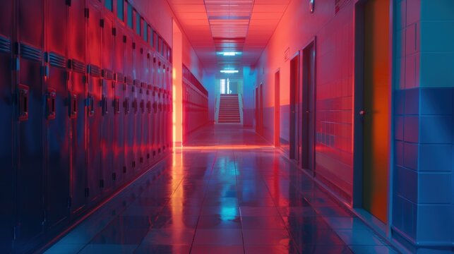 Empty school hallway with lockers at dawn