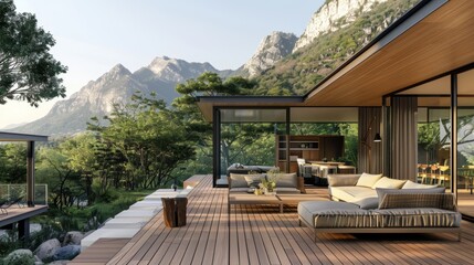 Obraz premium Modern deck with mountain views and lush greenery