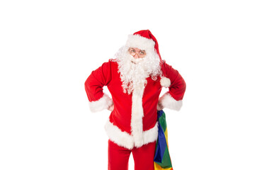 Funny Santa Claus with a gay flag. White background.