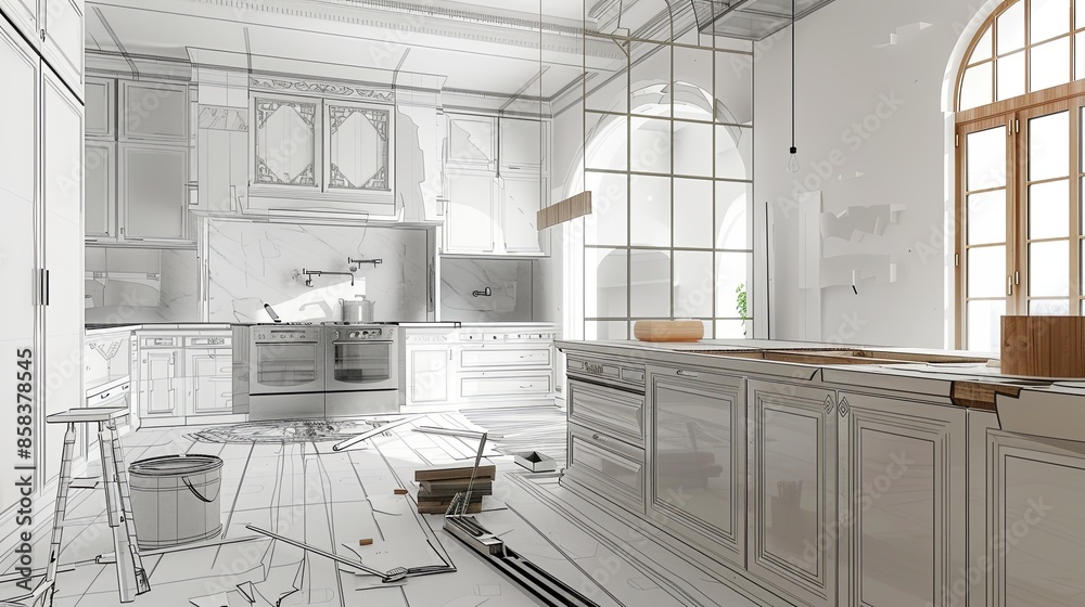 Poster a modern kitchen under renovation with new cabinets and countertops being installed. the scene showc