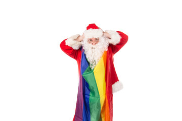 Funny Santa Claus with a gay flag. White background.