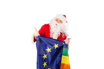 Funny Santa Claus with a gay flag. White background.