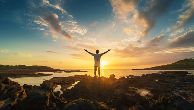 Man standing on a rocky outcropping with his arms spread wide, looking out towards the ocean as the sun sets.