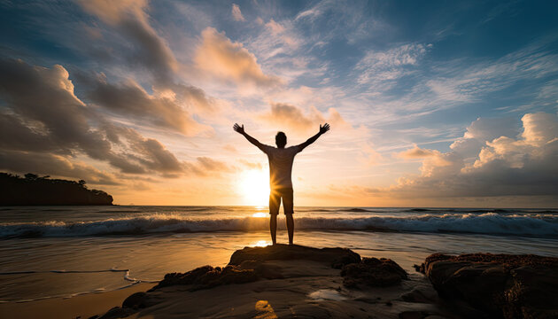 Man standing on a rocky outcropping with his arms spread wide, looking out towards the ocean as the sun sets.
