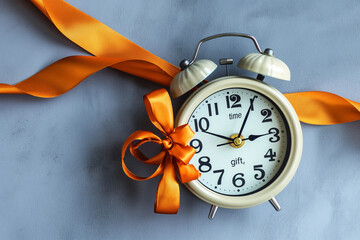 alarm clock on the table, An image representing the concept of time to gift, featuring a clock wrapped in a festive gift ribbon on a grey background