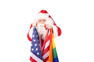 Funny Santa Claus with a gay flag. White background.