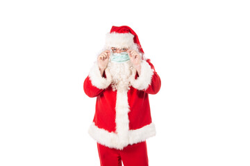 Funny fat Santa Claus and a cold. Man and healthy lifestyle. White background.